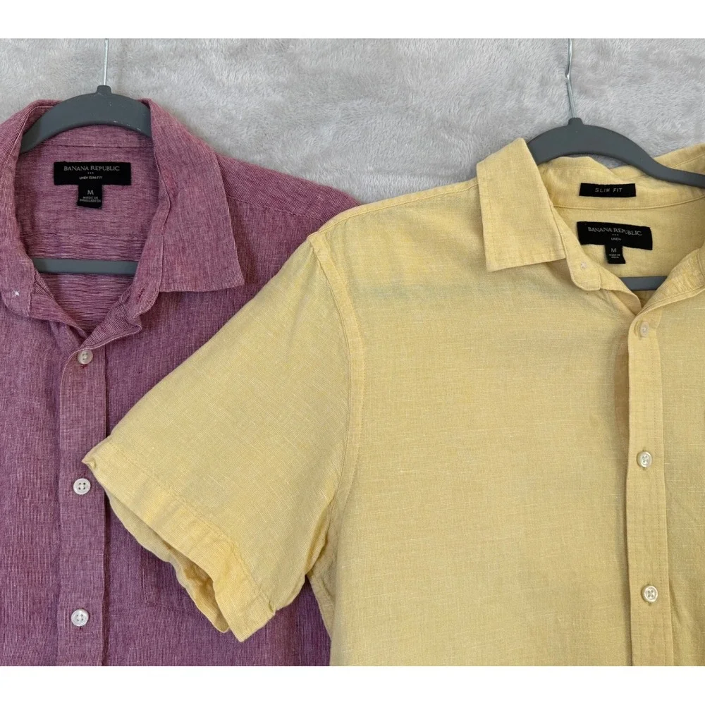 Banana Republic Linen Short Sleeve Button Up Shirts Mens M Yellow Red Lot of 2